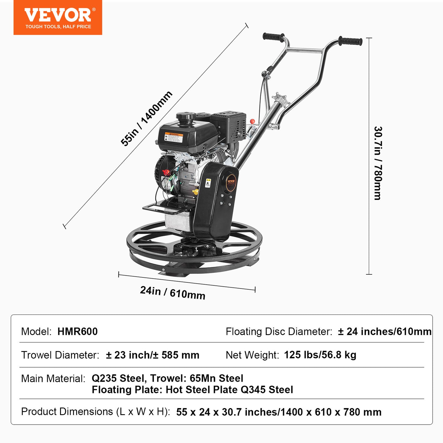VEVOR Truelle À Ciment Conducteur Marchant À Essence 610 Mm 6 CV Lame Flottante